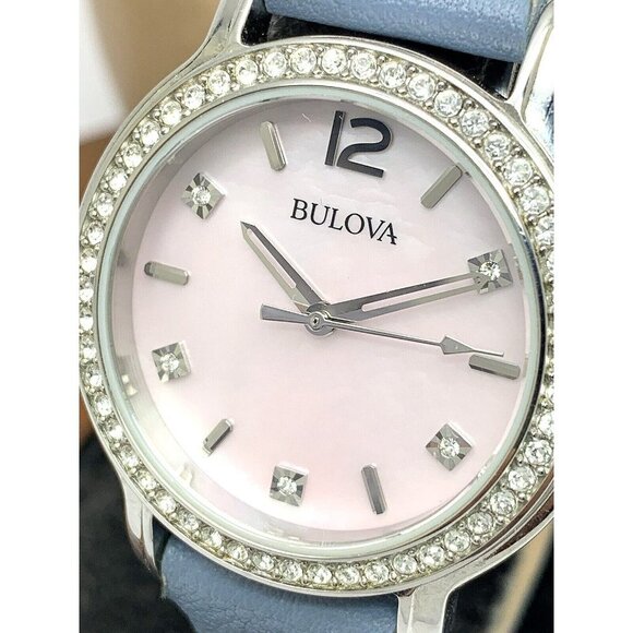 Bulova Women's Watch 96L254 Quartz Mother of Pearl Pink Dial Gemmed Leat… - Picture 1 of 13